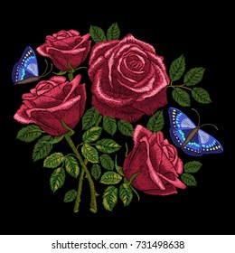 Roses Embroidery Satin Stitch Seamless Pattern Stock Vector (Royalty ...