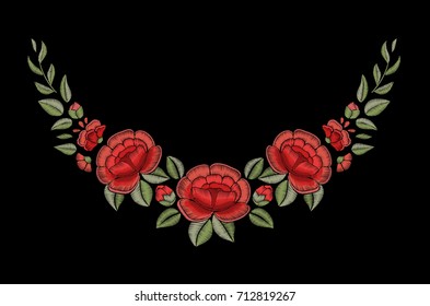 Red roses. Embroidery. Decorative element. Fashion design. Neck embroidery.