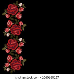 Red roses embroidery with leaves and buds. Element for design. Floral border, background for invitations or greeting cards. Satin stitch imitation, vector.