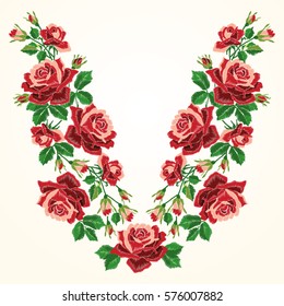 Red roses embroidery with leaves and buds. Ethnic flowers neck line, flower design, graphics fashion wearing. Embroidery for t-shirt. Satin stitch imitation, vector. 