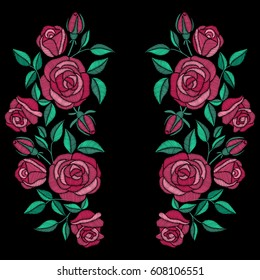 Red roses embroidery with leaves and buds. Ethnic flowers neck line, flower design, graphics fashion wearing. Embroidery for t-shirt.