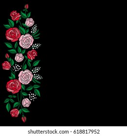 Red roses embroidery with leaves and buds. Element for design. Floral border, background for invitations or greeting cards. Satin stitch imitation, vector.