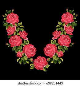 Red roses embroidery with leaves and buds. Ethnic flowers neck line, flower design, graphics fashion wearing. Embroidery for t-shirt.