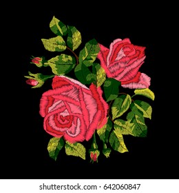 Red roses embroidery with leaves and buds. Element for design. Satin stitch imitation, vector.