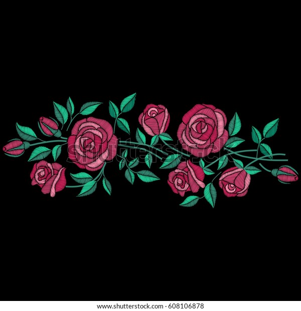 Red Roses Embroidery Leaves Buds Element Stock Vector (Royalty Free ...