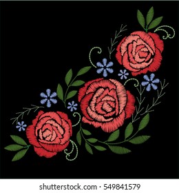 Red roses embroidery on black background. Bouquet of flowers.