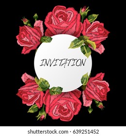 Red roses embroidery on black background. Satin stitch imitation, vector. Invitation template. 