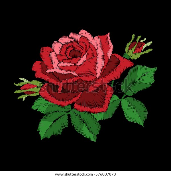 Red Roses Embroidery On Black Background Stock Vector (Royalty Free ...