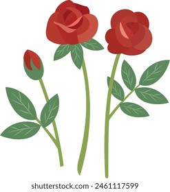 Red roses in flat style, rose bud with green leaves.Rose vector icon.