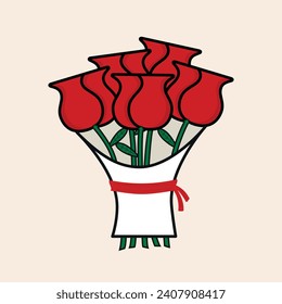Red Roses flower bouquet with a red bow wrapped in a paper gift vector line art