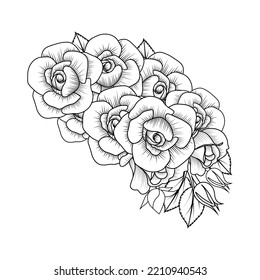red roses flower coloring page line sketch drawing with decorative anti stress illustration. black rose and wild flower background of doodle flower outline.  