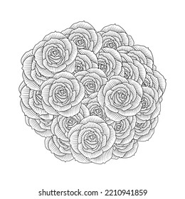 red roses flower coloring page line sketch drawing with decorative anti stress illustration. flowers rose hand drawn stylish zentangle outline pencil art of adult coloring page flower.