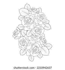 red roses flower coloring page line sketch drawing with decorative anti stress illustration. black rose and wild flower background of doodle flower outline.  