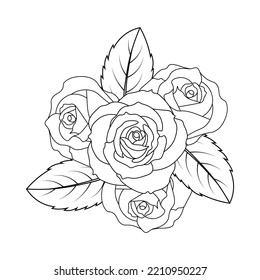 red roses flower coloring page line sketch drawing with decorative anti stress illustration. black rose and wild flower background of doodle flower outline.  