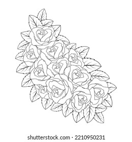 red roses flower coloring page line sketch drawing with decorative anti stress illustration. black rose and wild flower background of doodle flower outline.  