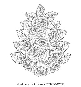 red roses flower coloring page line sketch drawing with decorative anti stress illustration. black rose and wild flower background of doodle flower outline.  