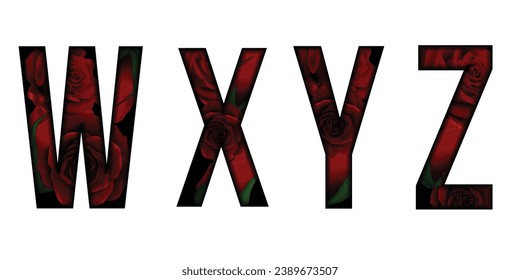 Red roses flower font Alphabet w, x, y, z, text effect. Made of Real rose with Precious paper cut shape of letter. Collection of brilliant roses font for unique decoration in spring concept idea svg