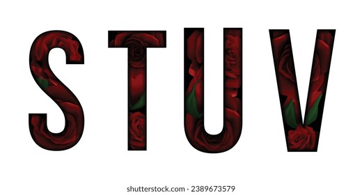 Red roses flower font Alphabet s, t, u, v, text effect. Made of Real rose with Precious paper cut shape of letter. Collection of brilliant roses font for unique decoration in spring concept idea svg