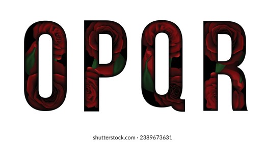 Red roses flower font Alphabet o, p, q, r, text effect. Made of Real rose with Precious paper cut shape of letter. Collection of brilliant roses font for unique decoration in spring concept idea svg