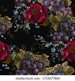 Red roses flowers and cluster of grapes. Embroidery seamless pattern. Template fashionable clothes, t-shirt design, print, renaissance style. Harvest art 