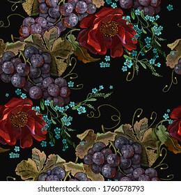 Red roses flowers and cluster of grapes. Autumn harvest art. Embroidery seamless pattern. Template fashionable clothes, t-shirt design, print, renaissance style 