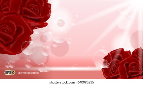 Red roses flowers fragrance for ads. Dazzling effect background. 3D Realistic Vector illustration