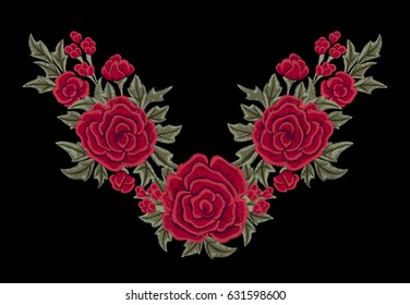 Red roses. Flowers. Neck embroidery. Vector floral print.