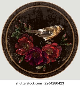 Red roses flowers and vintage birds. Embroidery art. Floral vector background. Fashion art template for clothes, t-shirt design