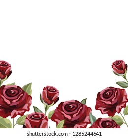 Red Roses Flowers Vintage botanical frame overwhite background. Wedding flowers. Floral background of watercolor roses. Vector illustration.