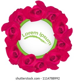 red roses in the form of a circle with place under the text, isolated on white background, template for the postcard