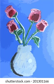 red roses in glass jar painting background