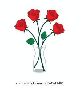 Red roses in a glass vase On  white background