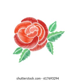 Red roses with green leaf embroidery on white background. Vector illustration