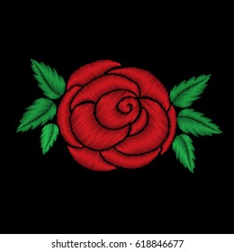 Red roses with green leaf embroidery on black background. Vector illustration