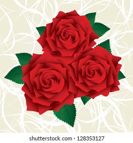 Red roses with green leafs on a light background. Lush red roses.