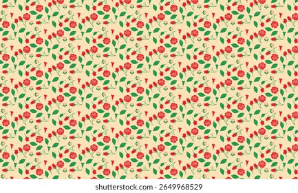 Red Roses Green Leaves Beige Background Seamless Pattern