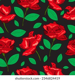 red roses with green leaves and black background seamless vector pattern. Red roses with green leaves black background seamless surface pattern design. Suitable for packaging, tiles, textile, fabric.