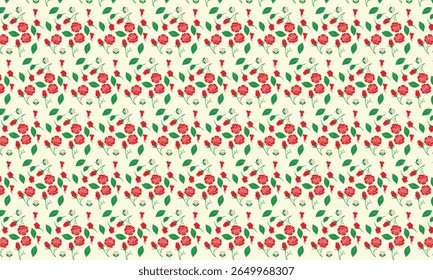 Red Roses Green Leaves Cream Background Seamless Pattern