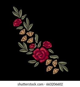 Red roses and green leaves. Embroidered flowers. Vintage vector floral print.