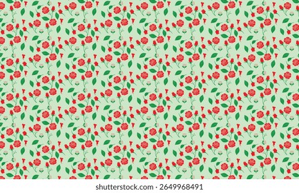 Red Roses Green Leaves Seamless Pattern Background