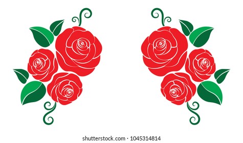Red Roses with Green Leaves, Vector Design