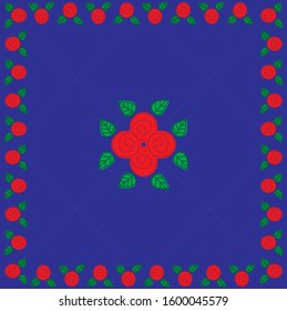 red roses and green leaves vector with border on cobalt blue background.