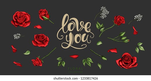 Red roses hand drawn color set. Black line rose flowers isolated on dark background. Vector colored elements illustration for happy Valentines day postcards.