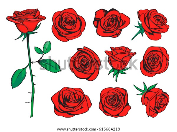 赤いバラの手描きのカラーセット 白い背景に黒い線のバラの花が花序のシルエットを伝えます Icon Rosesコレクション ベクター画像落書きイラスト のベクター画像素材 ロイヤリティフリー