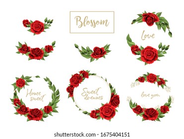 Red roses hand drawn colored collection. Scarlet rose flowers with geen leaves isolated on white background. Vector color elements illustration for happy Valentines day postcards or decoration design