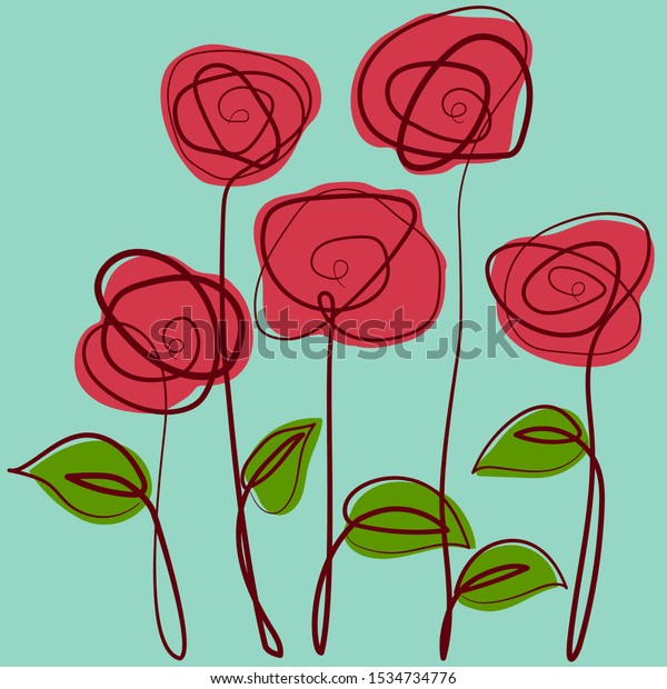 Red roses. Hand-drawn stylized flowers. Drawn in\
one line Roses. Flowers in line art style. Tattoo Rose. Beautiful\
delicate roses.