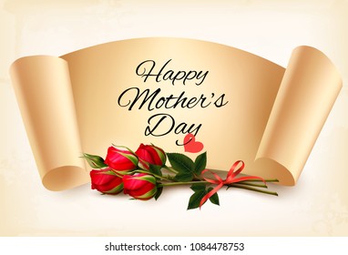 Red roses with a Happy Mother's Day note and red ribbon. Vector.Vector.