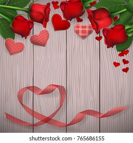 Red roses and heart made of red ribbon on wooden background. Greeting card for Valentine's day, women's day, mother's day, birthday. Top view with space for your text. Vector illustration