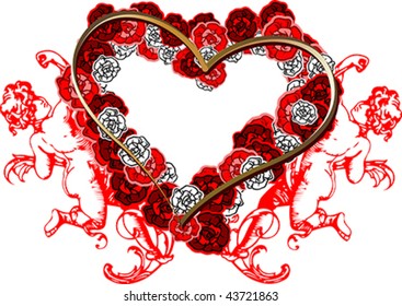 Corazón Roses Rojos Y Dos Ángeles. Ilustración vectorial.