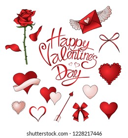 Red roses, hearts and other elements hand drawn color set detailed vectors isolated on white background. Illustration for happy Valentines day postcards.